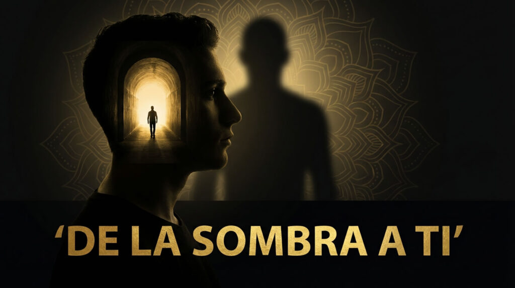 Doble exposición: perfil masculino con un túnel luminoso dentro de la cabeza y una figura avanzando hacia la luz; sombra al fondo y mandala dorado. Texto: “De la sombra a ti”.