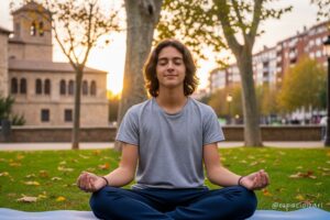 Adolescente practicando respiración consciente al aire libre en Logroño; postura relajada y gesto sereno; bienestar emocional juvenil.