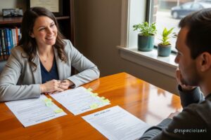 Psicóloga y paciente en sesión, revisando un autorregistro y el análisis ABC en un despacho luminoso.