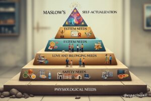 Infografía de la pirámide de Maslow con cinco niveles (fisiológicas, seguridad, afiliación, estima y autorrealización).