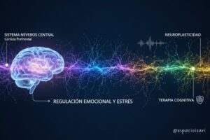 Conexiones neuronales y cerebro humano para explicar regulación del sistema nervioso en terapia
