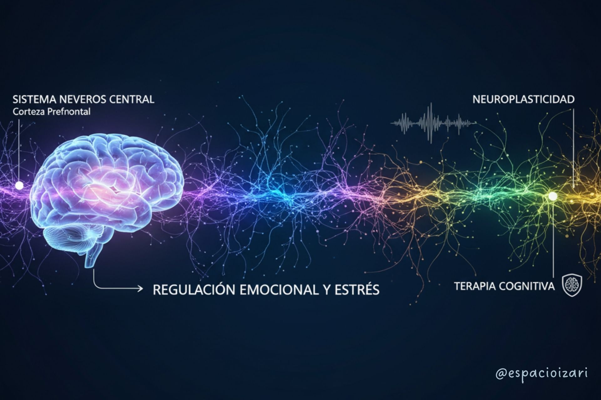 Conexiones neuronales y cerebro humano para explicar regulación del sistema nervioso en terapia