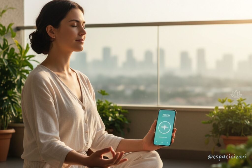 Mujer practicando respiración consciente mientras consulta una app de bienestar mental en el móvil.
