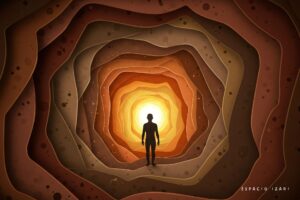 Silueta de una persona avanzando por un túnel de capas cálidas hacia una luz interior, simbolizando el camino de la autoexigencia a la autoaceptación