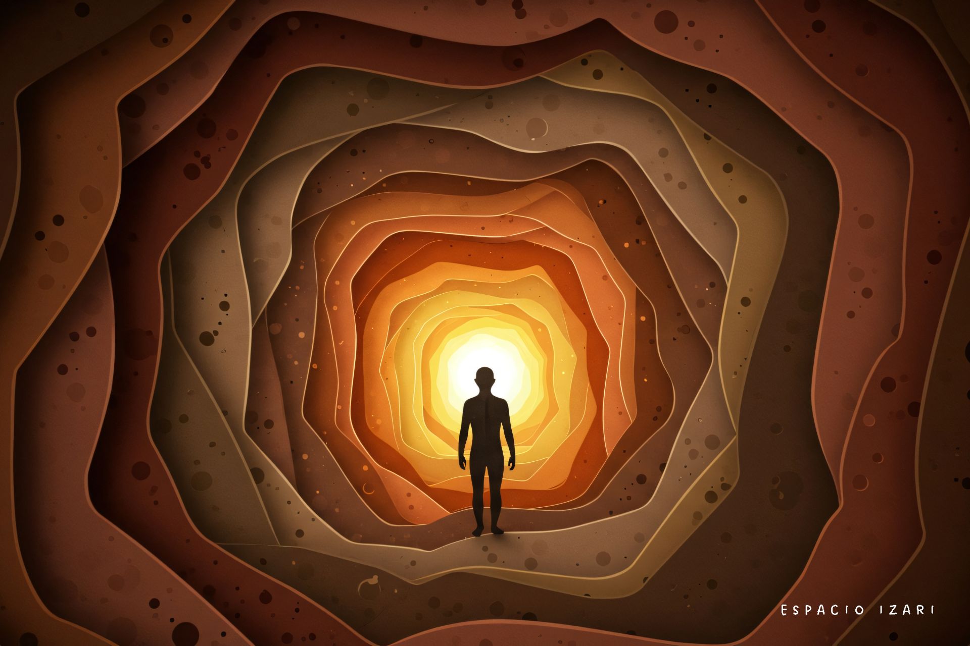 Silueta de una persona avanzando por un túnel de capas cálidas hacia una luz interior, simbolizando el camino de la autoexigencia a la autoaceptación