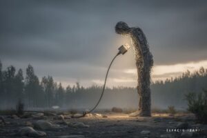 Figura humana hecha de cables con un enchufe USB iluminando el pecho, simbolizando la desconexión emocional y la necesidad de volver al cuerpo