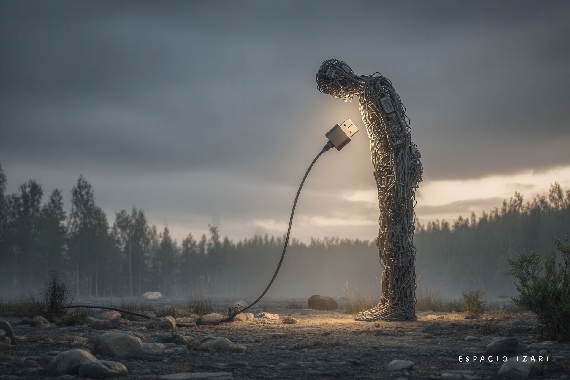 Figura humana hecha de cables con un enchufe USB iluminando el pecho, simbolizando la desconexión emocional y la necesidad de volver al cuerpo
