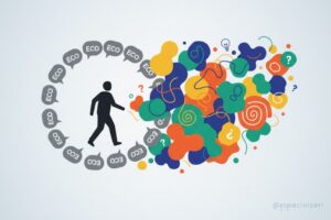 Persona saliendo de un círculo de ecos hacia fuentes diversas, simbolizando liberar el conformismo