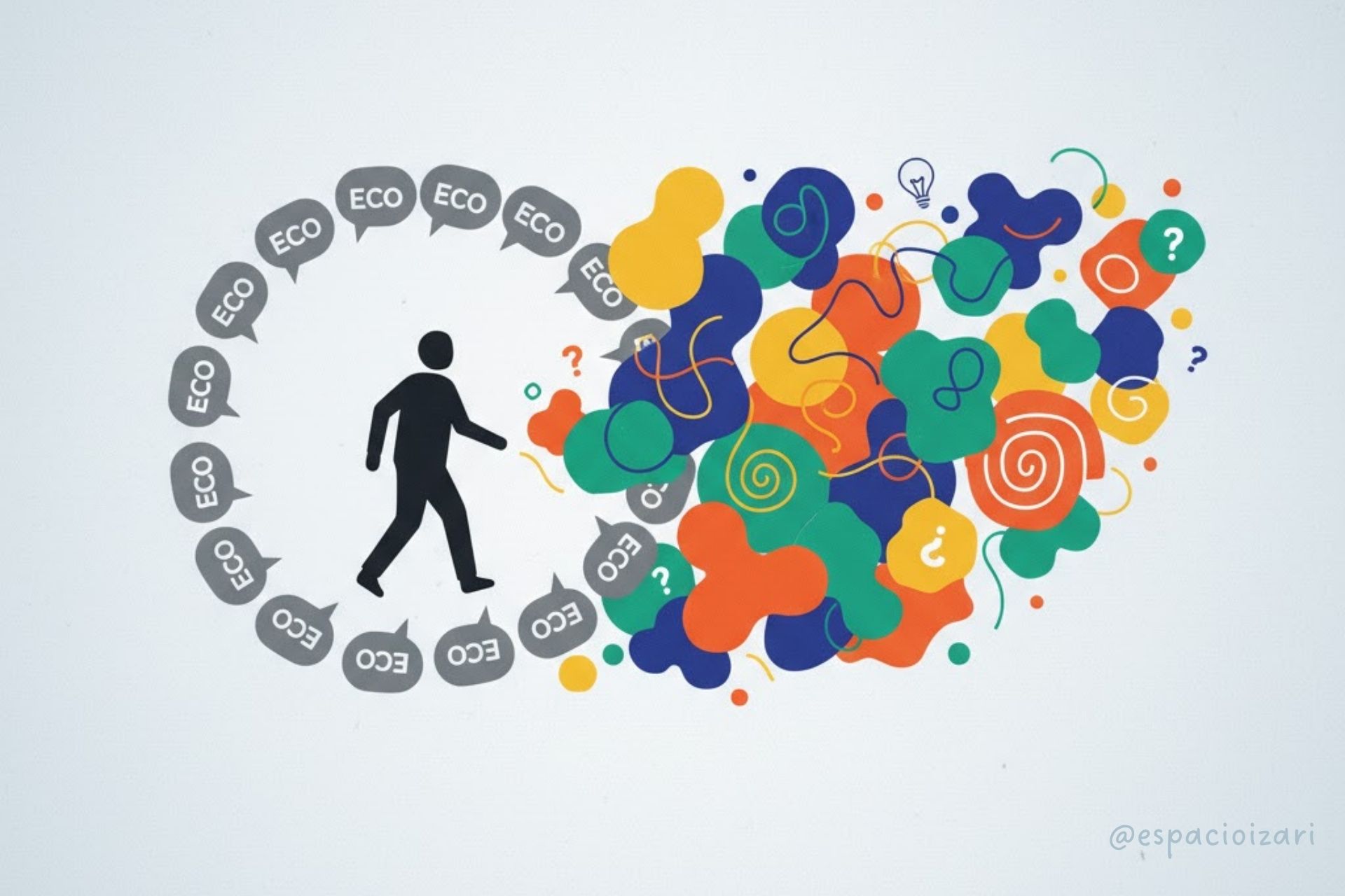 Persona saliendo de un círculo de ecos hacia fuentes diversas, simbolizando liberar el conformismo