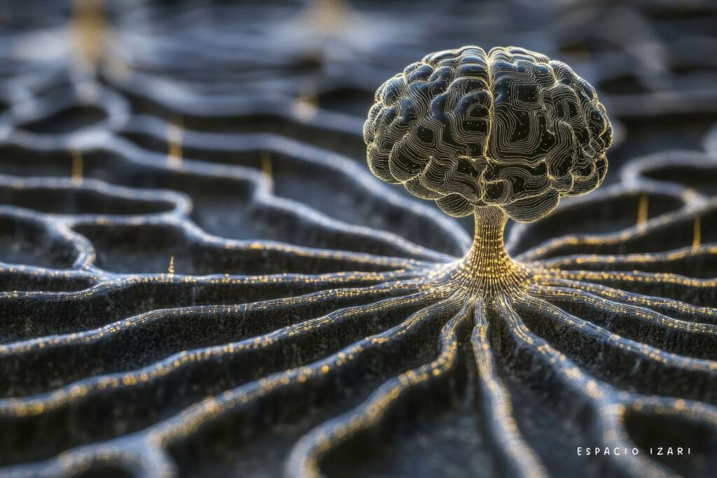 Cerebro digital con raíces luminosas extendidas en red, simbolizando la unión entre psicología e inteligencia artificial y el surgimiento de terapeutas digitales