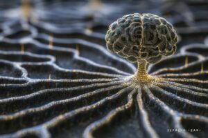 Cerebro digital con raíces luminosas extendidas en red, simbolizando la unión entre psicología e inteligencia artificial y el surgimiento de terapeutas digitales