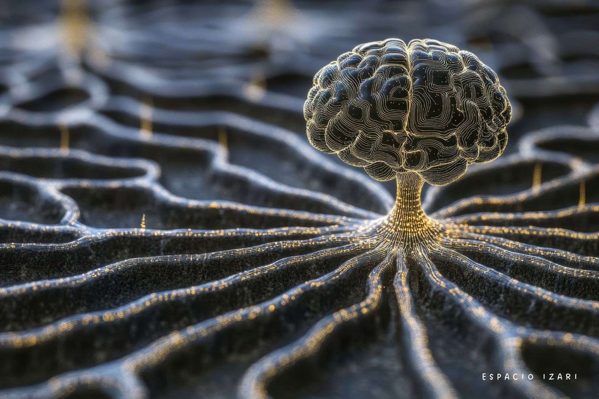 Cerebro digital con raíces luminosas extendidas en red, simbolizando la unión entre psicología e inteligencia artificial y el surgimiento de terapeutas digitales