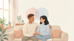Ilustración de una pareja sentada en un sofá, mirándose con calma y afecto en un salón luminoso con plantas; dos círculos superpuestos simbolizan vínculo e individualidad.