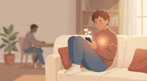 Ilustración de una persona sentada en un sofá mirando el móvil con ansiedad, con iconos de mensajes y un brillo en forma de corazón; al fondo, otra persona desenfocada.