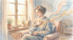 Ilustración en acuarela de una mujer sentada en un sillón junto a una ventana, con una mano en el pecho y una taza caliente; hilos de color simbolizan la reconexión emocional en el apego evitativo.