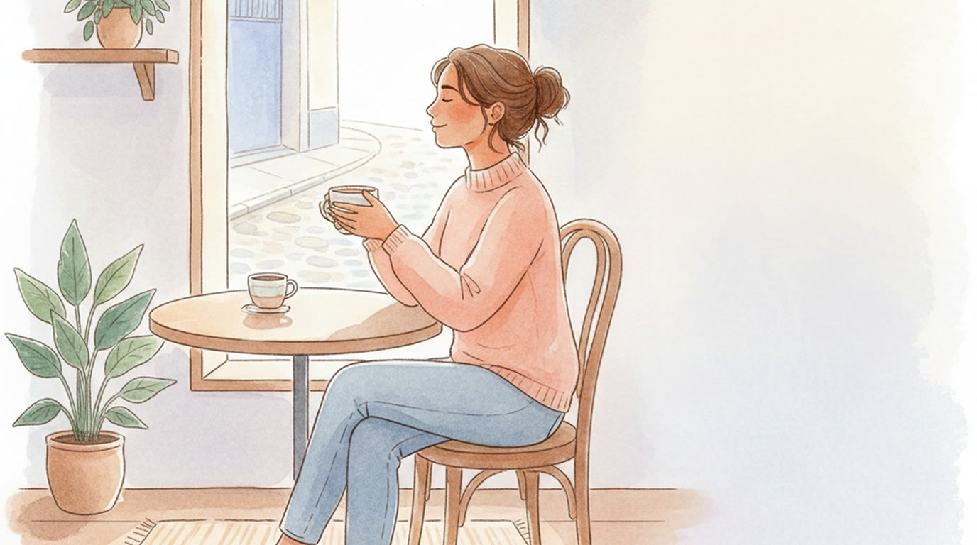 Ilustración de una mujer sentada sola en una cafetería, sosteniendo una taza de café con gesto sereno, junto a una ventana y plantas, transmitiendo calma y bienestar.