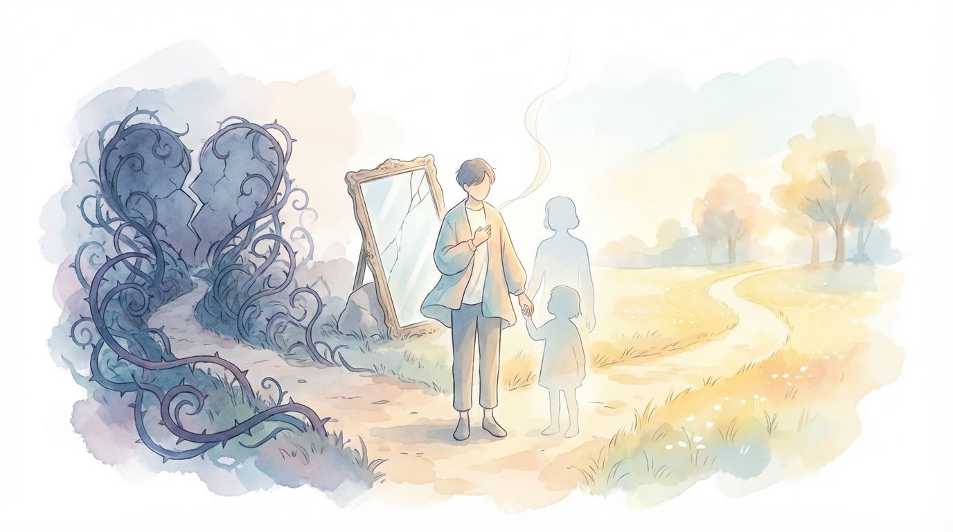 Ilustración en acuarela de una persona en un cruce de caminos: a la izquierda un corazón roto entre enredaderas y un espejo agrietado; a la derecha un sendero luminoso. Aparecen siluetas de un niño interior y un adulto.