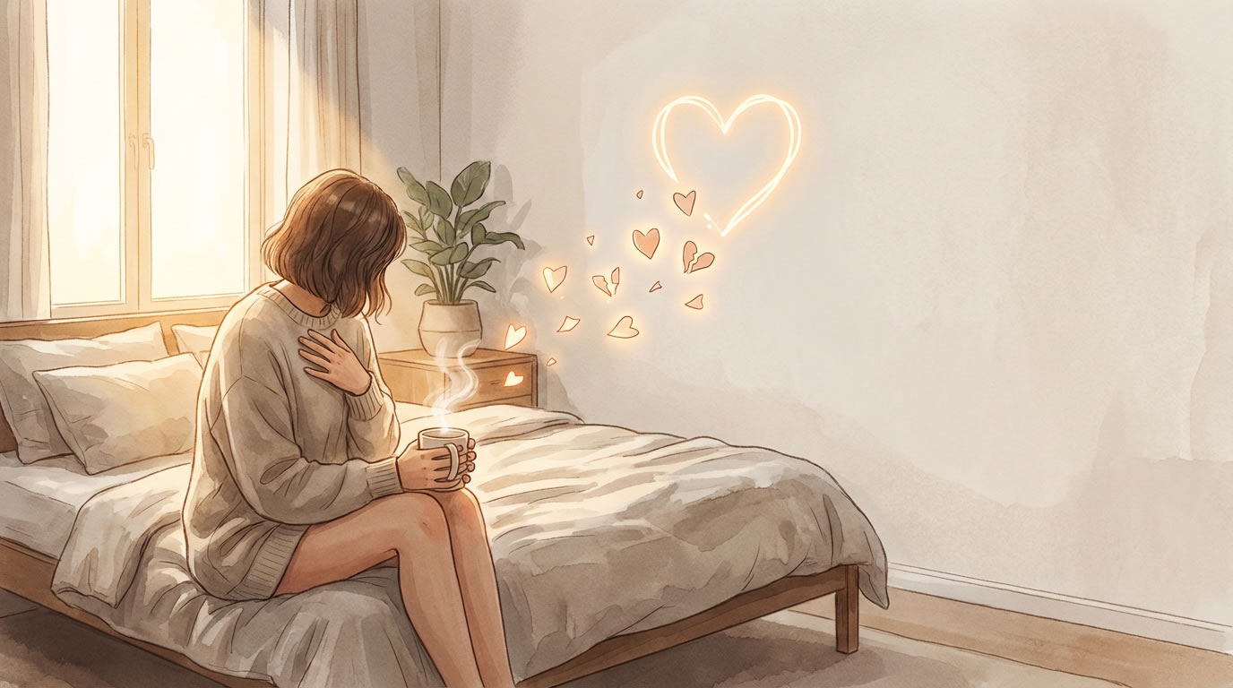 Ilustración de una persona sentada en la cama con una taza caliente y la mano en el pecho; fragmentos de corazón se transforman en una luz con forma de corazón.