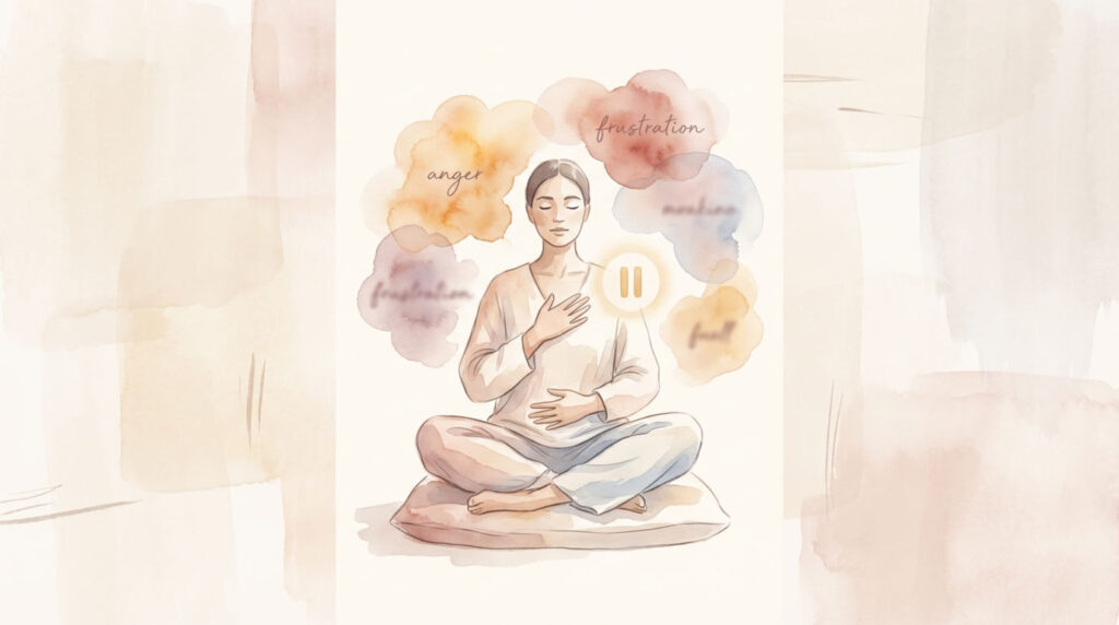 Ilustración en acuarela de una persona meditando, con una mano en el pecho y otra en el abdomen, rodeada de nubes que representan emociones (ira, frustración, ansiedad) y un símbolo de pausa.