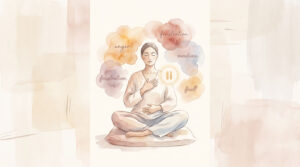 Ilustración en acuarela de una persona meditando, con una mano en el pecho y otra en el abdomen, rodeada de nubes que representan emociones (ira, frustración, ansiedad) y un símbolo de pausa.