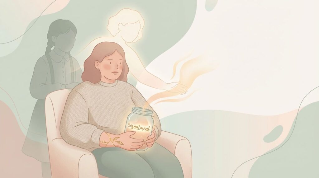 Ilustración de una mujer sentada en un sillón sosteniendo un tarro con la palabra “resentment”, mientras una figura luminosa le ofrece luz y una silueta en sombra aparece detrás, simbolizando el proceso de perdón.