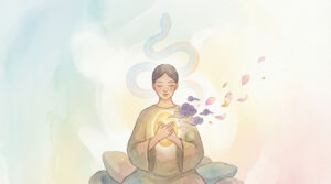 Ilustración acuarela de una mujer meditando mientras una nube oscura se disuelve en pétalos, símbolo de reconciliarme con mi yo del pasado y del perdón interior.