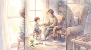 Ilustración en acuarela de una persona adulta tomando la mano de su yo niño en un salón luminoso, con una cadena rota y una pequeña planta como símbolo de sanación.