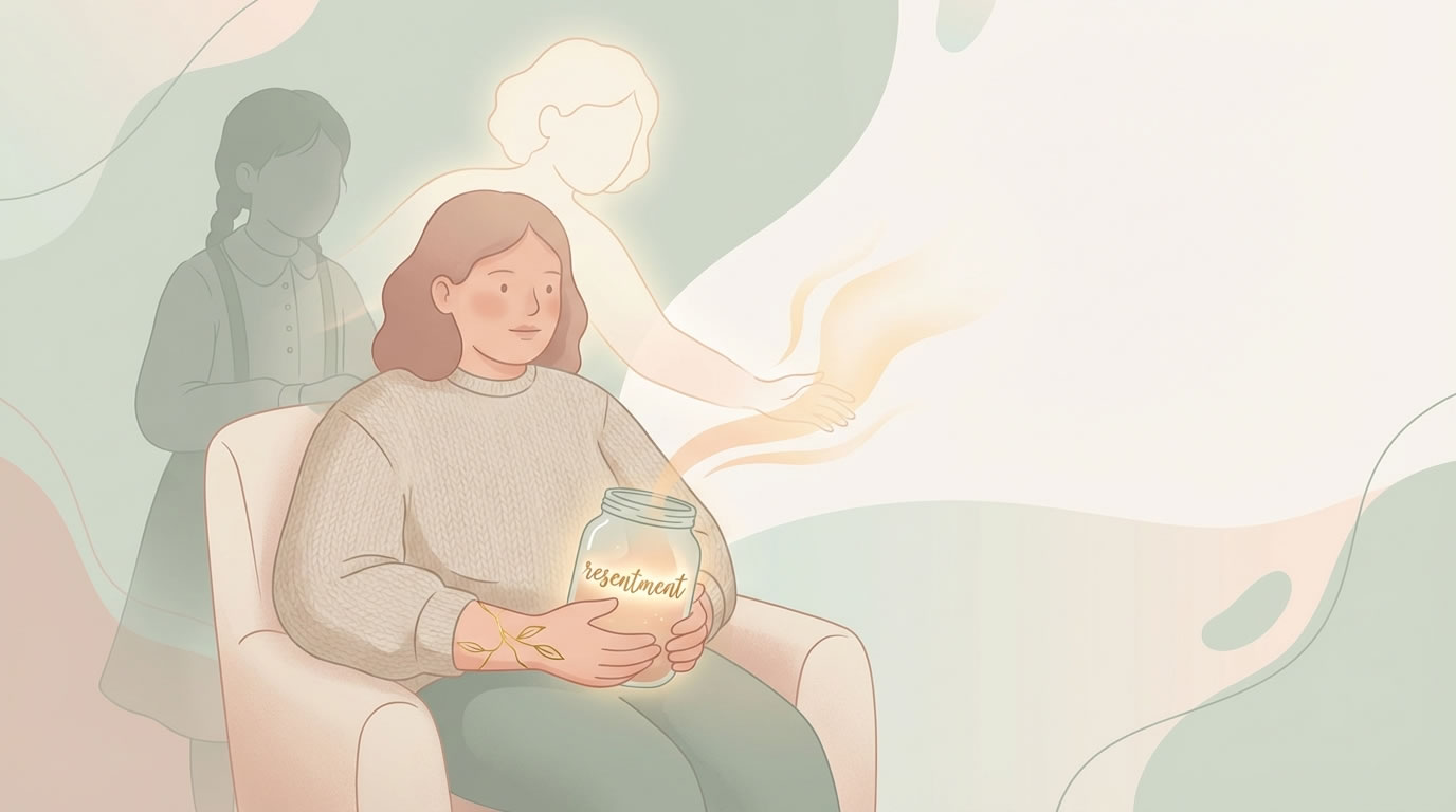 Ilustración de una mujer sentada en un sillón sosteniendo un tarro con la palabra “resentment”, mientras una figura luminosa le ofrece luz y una silueta en sombra aparece detrás, simbolizando el proceso de perdón.