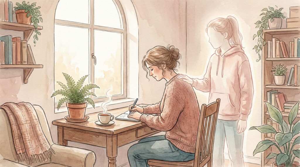 Ilustración en acuarela de una mujer escribiendo en un cuaderno junto a una ventana, mientras una figura joven y luminosa la acompaña con una mano en el hombro.