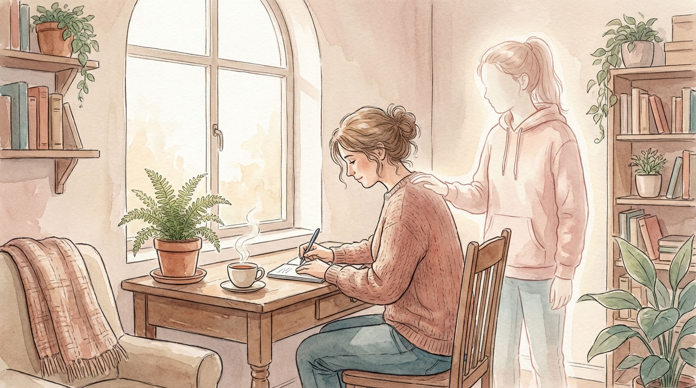 Ilustración en acuarela de una mujer escribiendo en un cuaderno junto a una ventana, mientras una figura joven y luminosa la acompaña con una mano en el hombro.