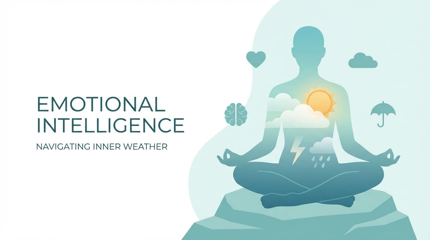 Persona meditando con sol, nubes, lluvia y rayo dentro del cuerpo, metáfora del clima emocional y la inteligencia emocional.