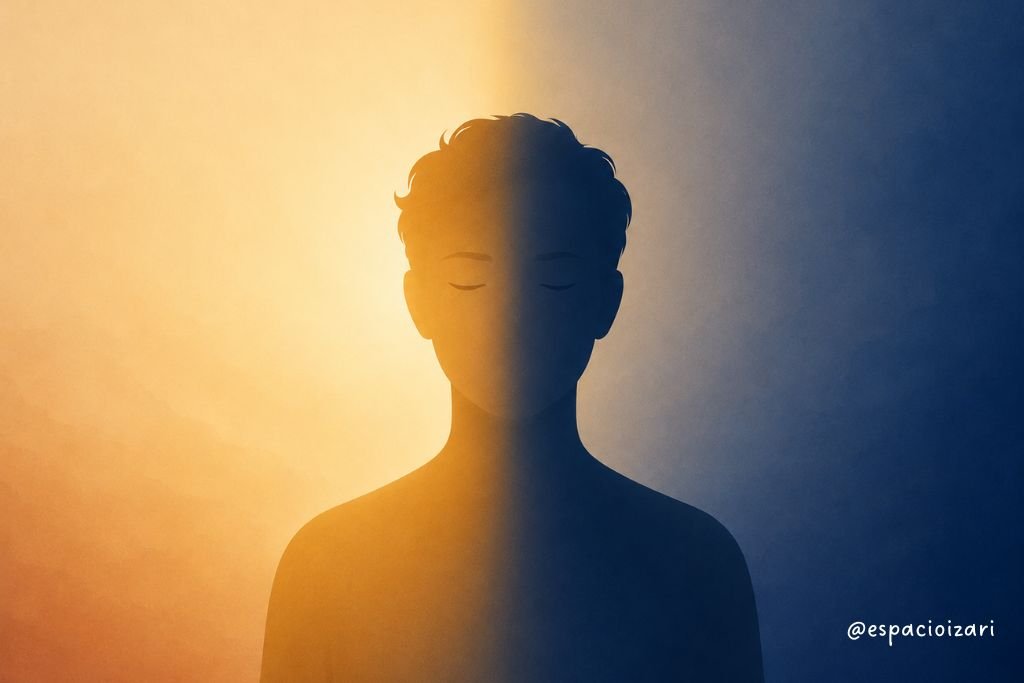 Ilustración minimalista de una persona con los ojos cerrados, dividida entre una luz dorada cálida y una sombra azul profunda, simbolizando introspección y equilibrio emocional.