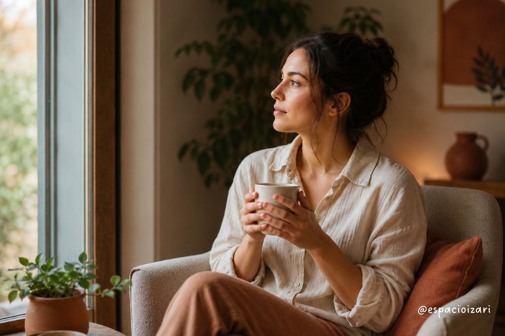 Mujer joven sentada junto a una ventana, sosteniendo una taza y mirando hacia fuera en un ambiente cálido y acogedor.