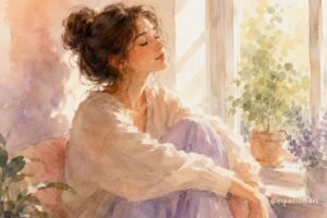 Mujer joven sentada junto a una ventana iluminada por el sol, con los ojos cerrados y rodeada de plantas, en una ilustración acuarela de tonos pastel.