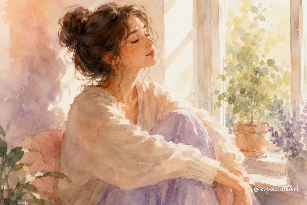 Mujer joven sentada junto a una ventana iluminada por el sol, con los ojos cerrados y rodeada de plantas, en una ilustración acuarela de tonos pastel.