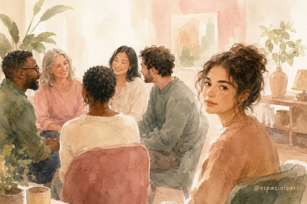 Ilustración en acuarela de un grupo diverso conversando en un espacio acogedor, mientras una mujer mira pensativa hacia el espectador.