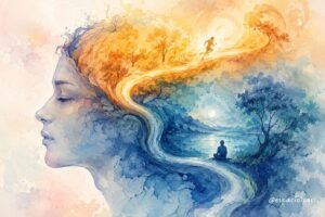 Ilustración en acuarela de un rostro humano de perfil del que surgen dos caminos mentales: uno rápido y luminoso en tonos dorados y otro sereno y profundo en tonos azules.