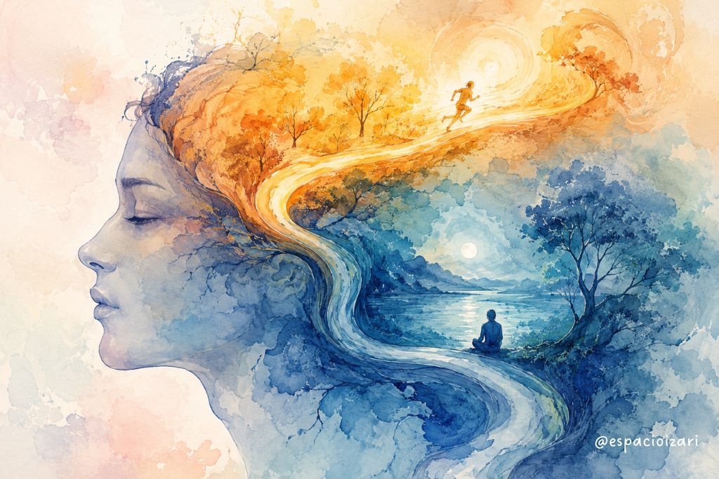Ilustración en acuarela de un rostro humano de perfil del que surgen dos caminos mentales: uno rápido y luminoso en tonos dorados y otro sereno y profundo en tonos azules.