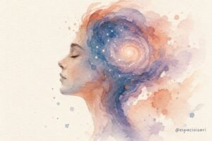 Ilustración en acuarela de un rostro humano de perfil con los ojos cerrados, cuya mente se transforma en una galaxia de tonos azul, lavanda y terracota con constelaciones.