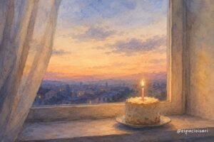Una pequeña tarta con una vela encendida sobre el alféizar de una ventana al atardecer, pintada en acuarela.